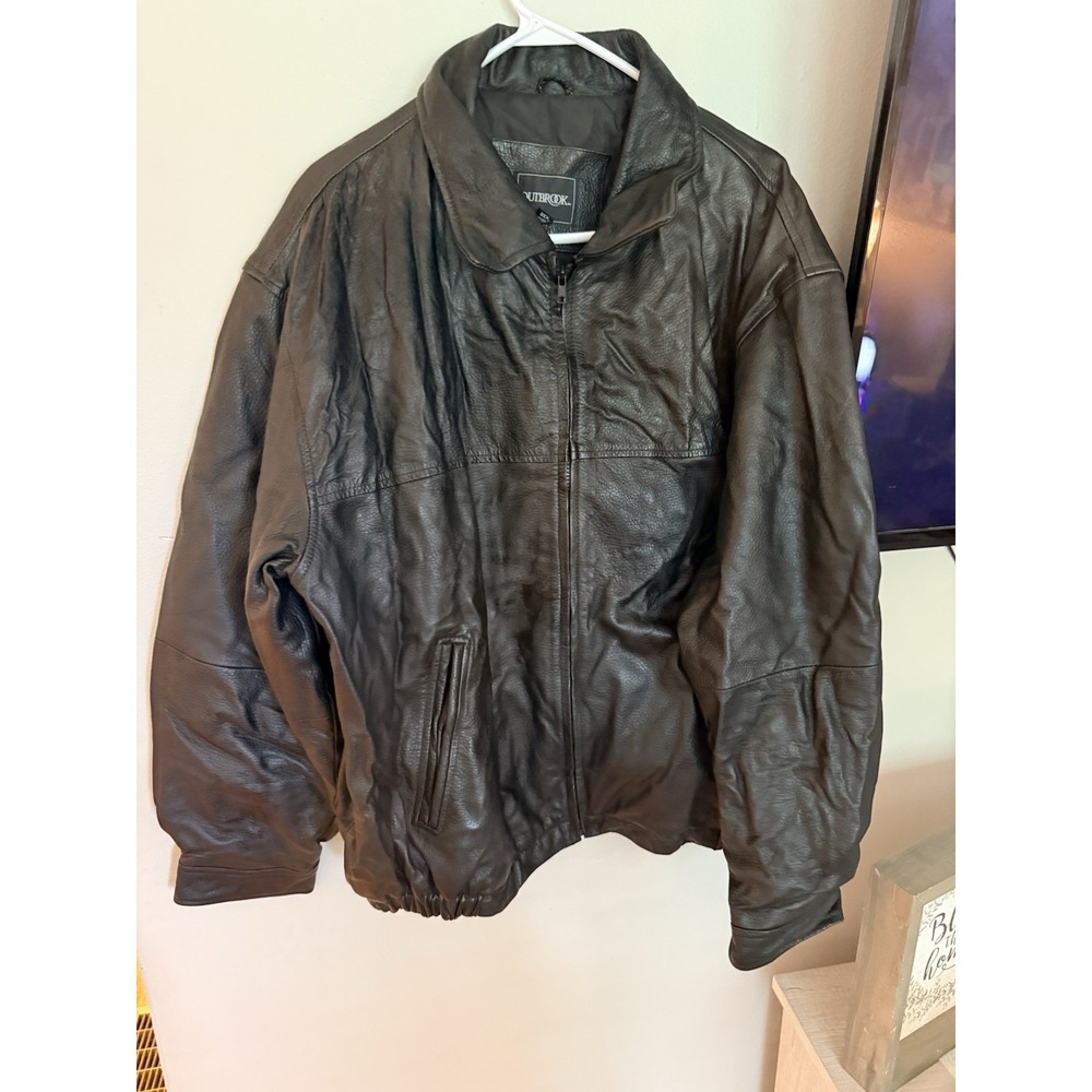 Men's Black Leather Jacket collared Full Zip Size 2XL XXL By Outbrook